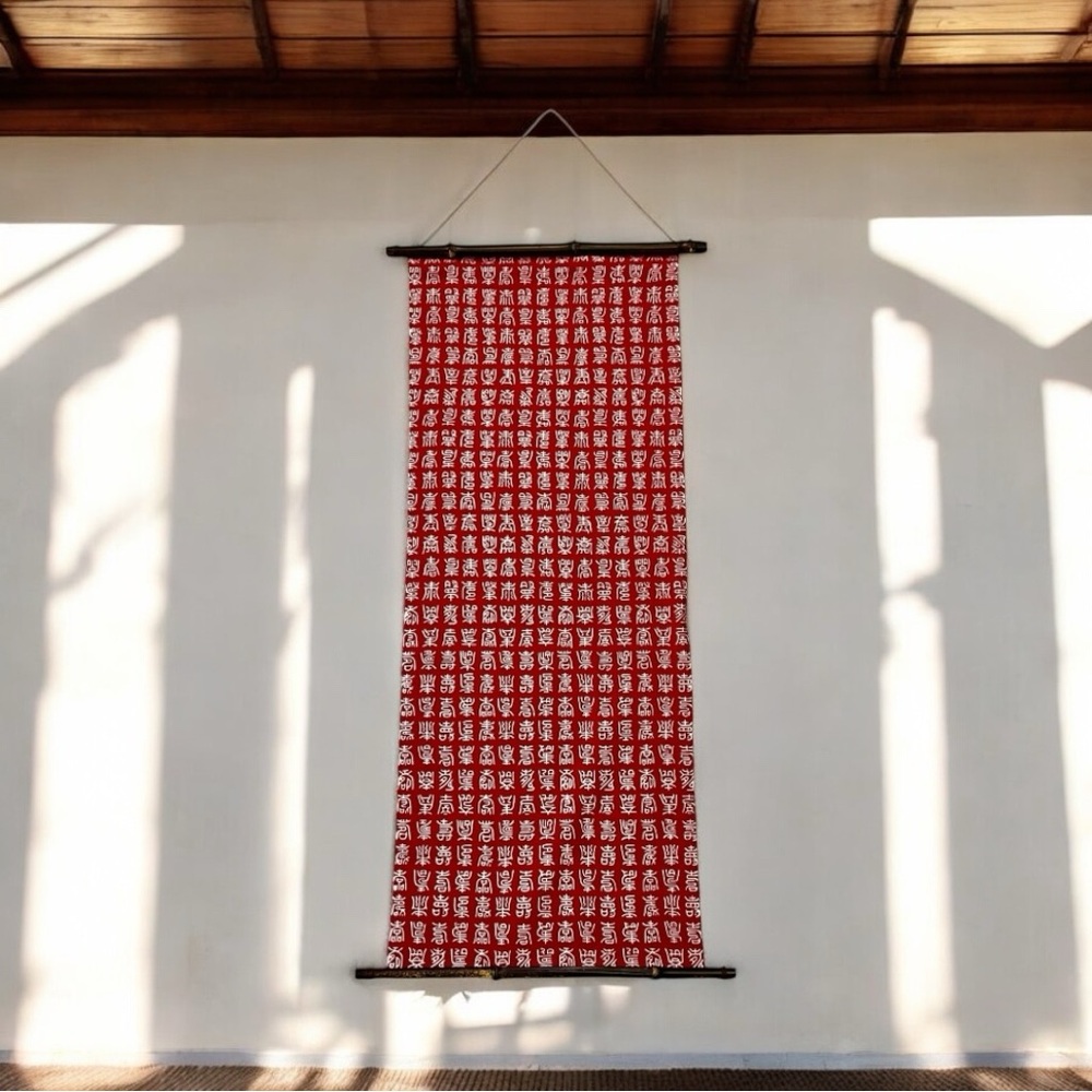 Japanese Linen Ready To Hang Wall Decor Red Wooden Bars Attached Pre Owned